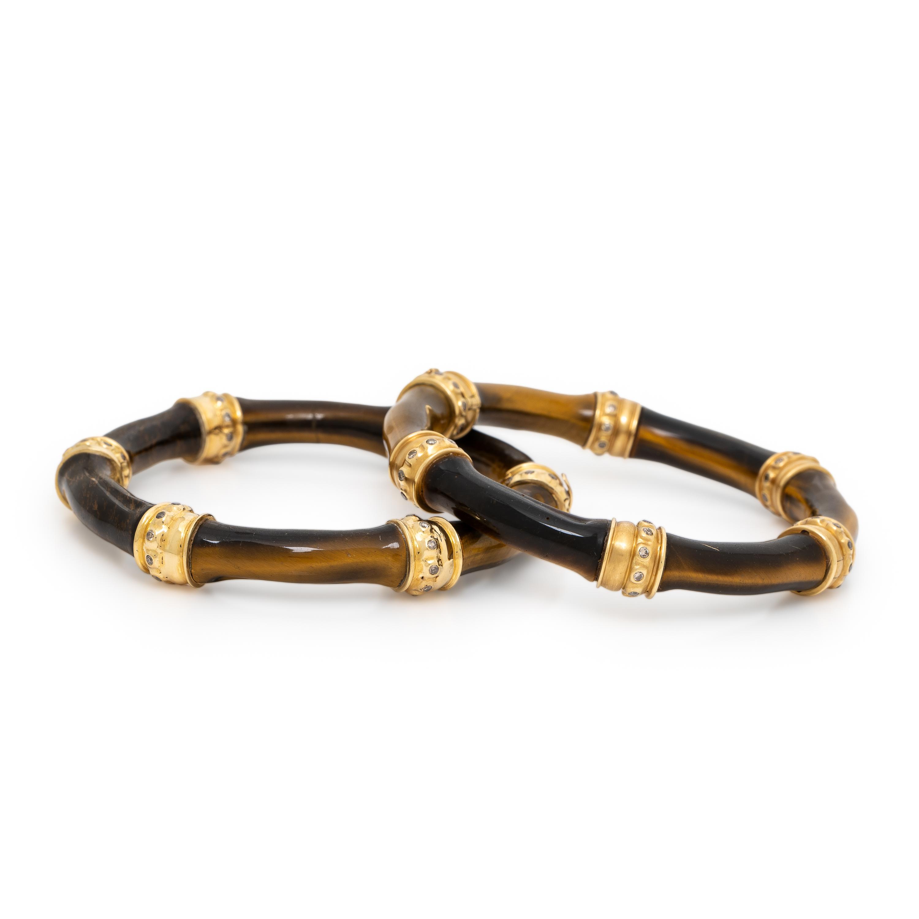 Mish, Pair of Tiger's Eye, Colored Diamond, and Yellow Gold Bangle Bracelets