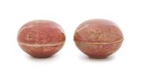 A Pair of Chinese Peachbloom Glazed Porcelain Seal Paste Boxes and Covers, Yinse He Diameter of each 3 inches. — 19TH CENTURY