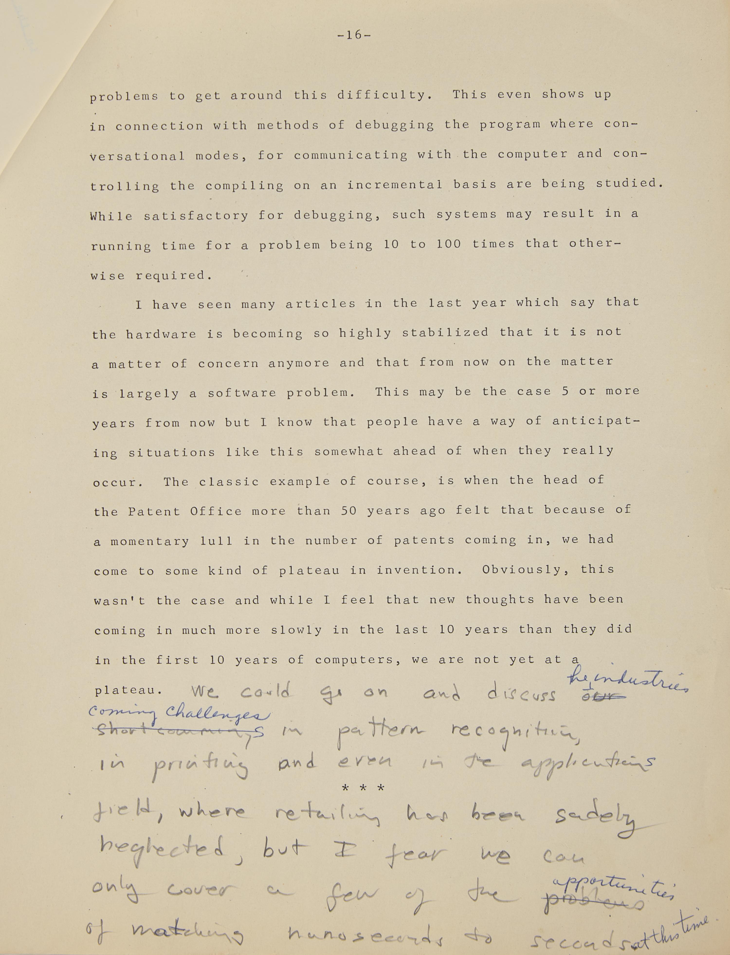 *[Technology] Designer of the First American Commercial Computer, J. Presper Eckert's Corrected Copy of a Speech on Computing