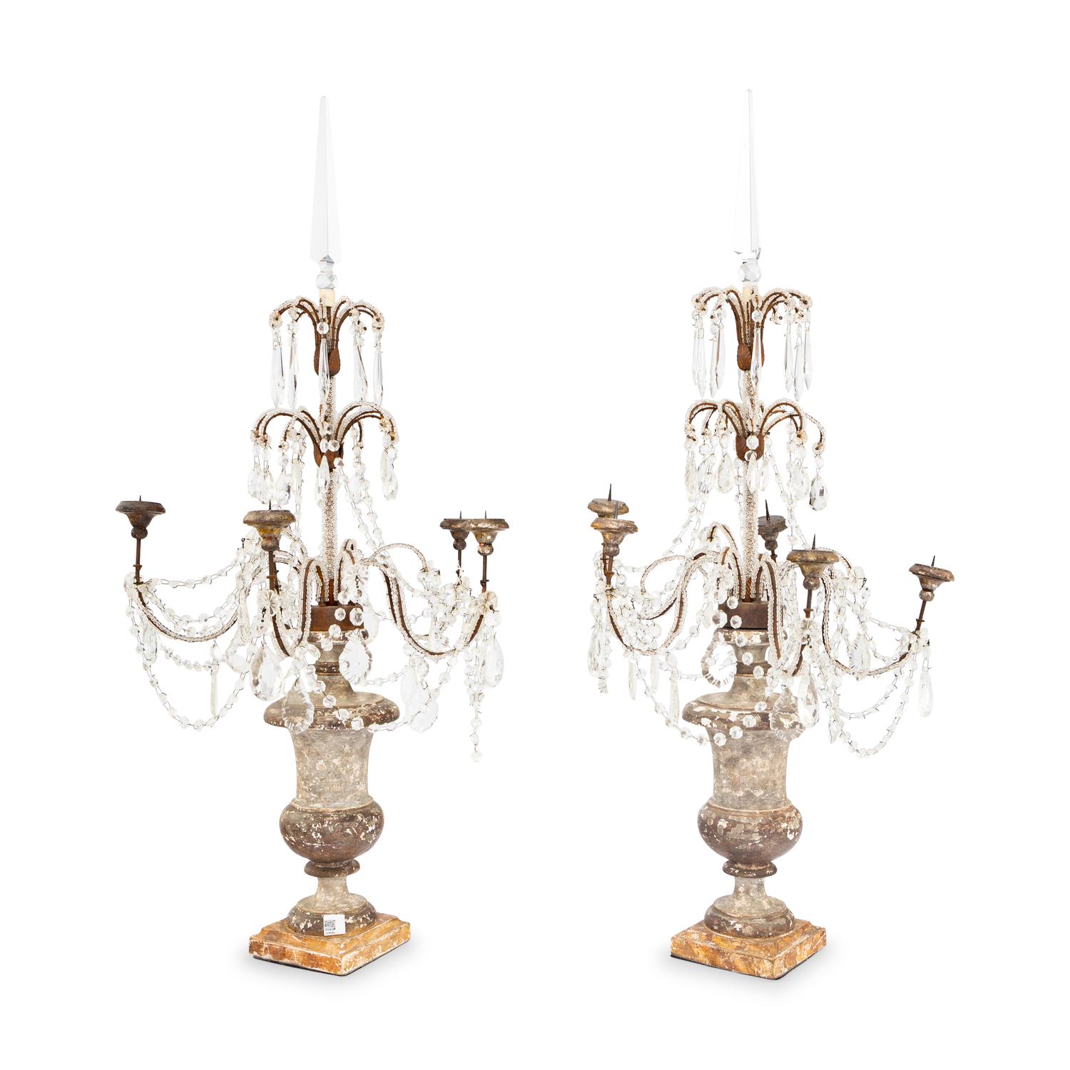 A Pair of Neoclassical Style Painted Wood and Cut-Glass Five-Light Candelabra