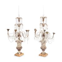 A Pair of Neoclassical Style Painted Wood and Cut-Glass Five-Light Candelabra