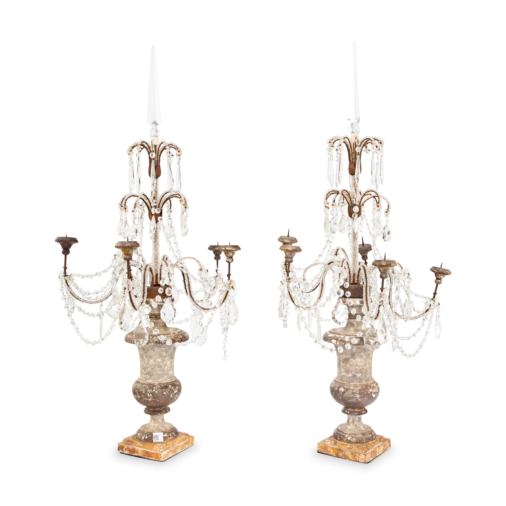 A Pair of Neoclassical Style Painted Wood and Cut-Glass Five-Light Candelabra