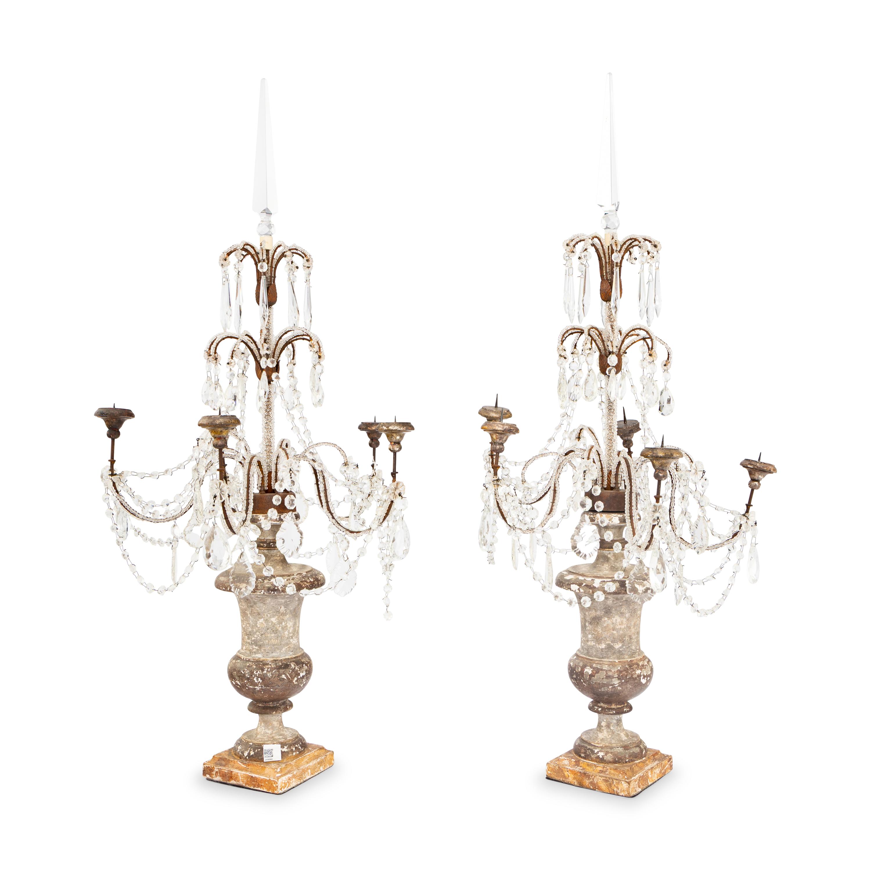 A Pair of Neoclassical Style Painted Wood and Cut-Glass Five-Light Candelabra
