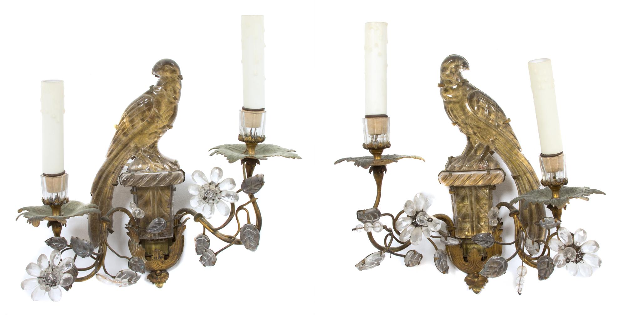 Four French Gilt Metal and Carved Crystal Two-Light Wall Sconces Height 14 x width 12 x depth 4 inches. — 20TH CENTURY