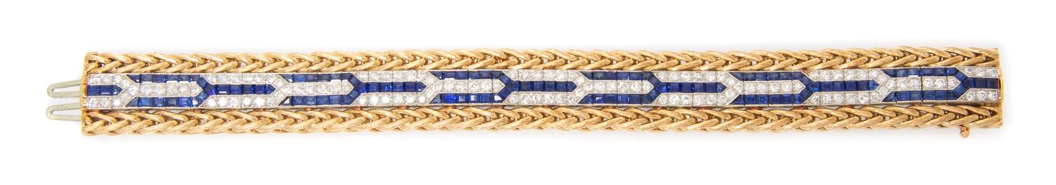 A 14 Karat Yellow Gold, Platinum, Sapphire and Diamond Bracelet, 44.00 dwts.