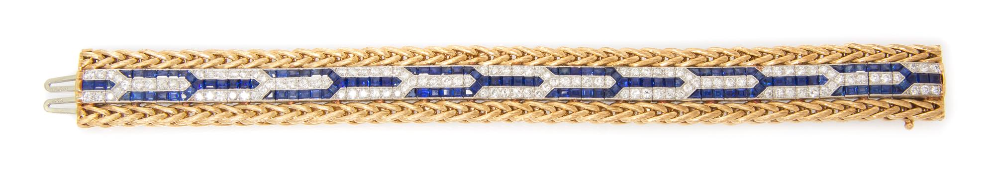 A 14 Karat Yellow Gold, Platinum, Sapphire and Diamond Bracelet, 44.00 dwts.