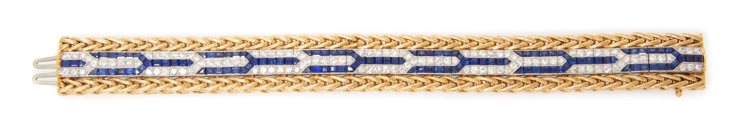 A 14 Karat Yellow Gold, Platinum, Sapphire and Diamond Bracelet, 44.00 dwts.