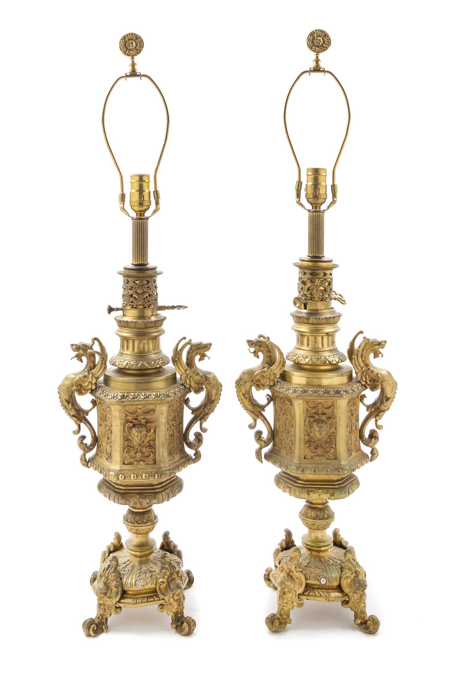 A Pair of French Neoclassical Gilt Metal Lamps Height overall 26 inches. — LATE 19TH CENTURY