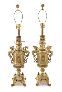 A Pair of French Neoclassical Gilt Metal Lamps Height overall 26 inches. — LATE 19TH CENTURY