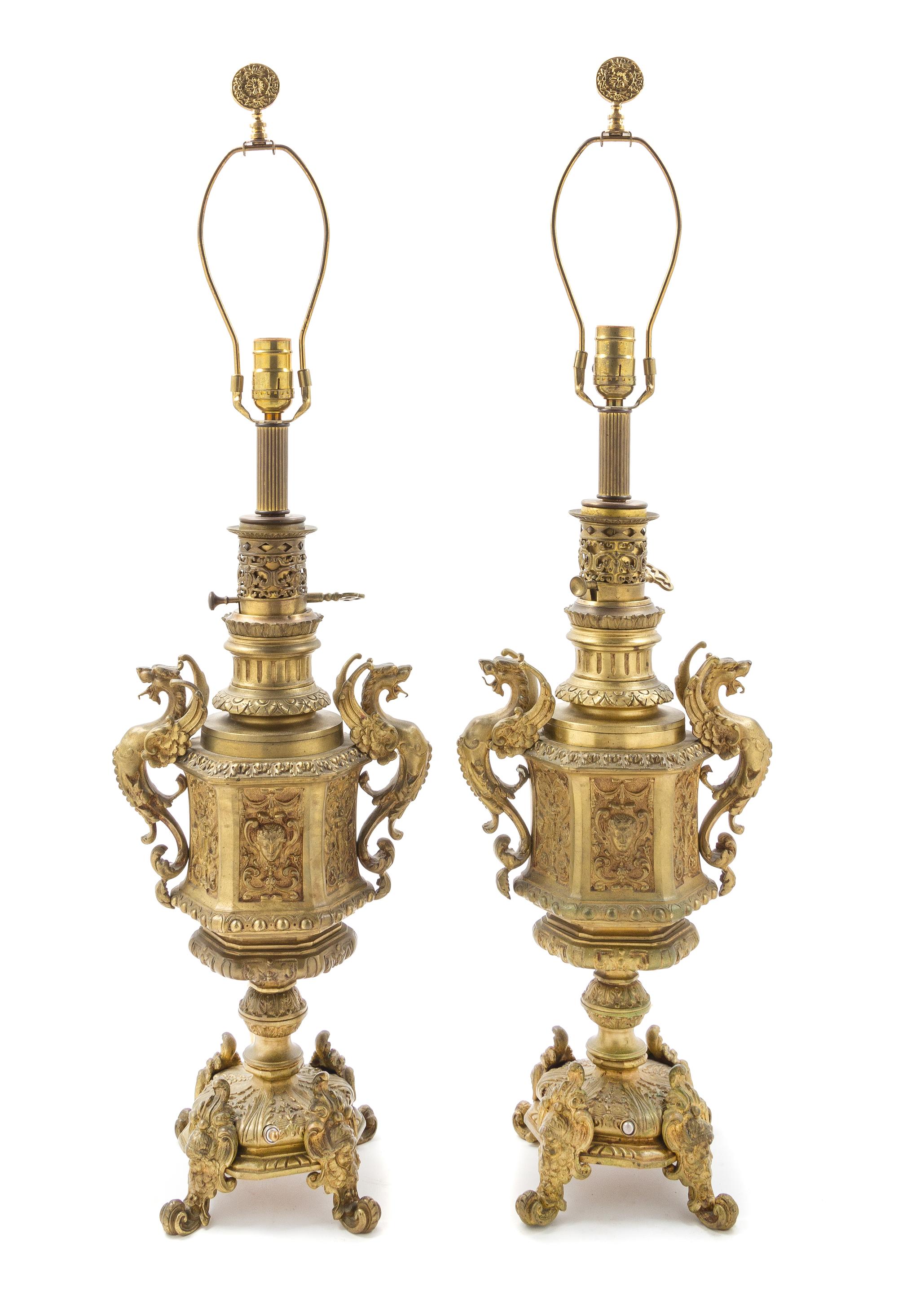 A Pair of French Neoclassical Gilt Metal Lamps Height overall 26 inches. — LATE 19TH CENTURY