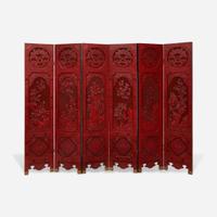 A finely-carved Chinese six-panel cinnabar lacquer wood screen 中国朱红漆六开屏风 20th century ????