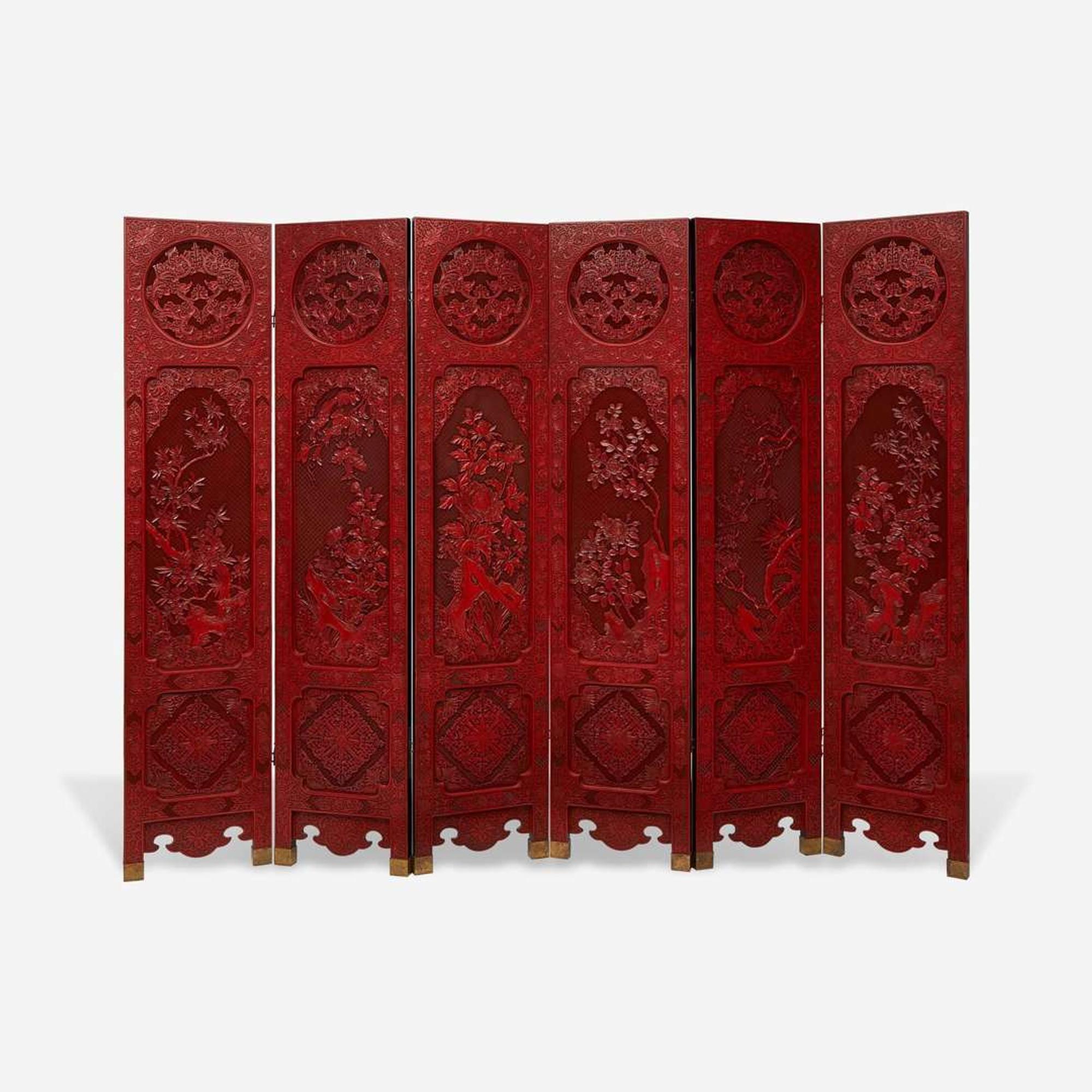 A finely-carved Chinese six-panel cinnabar lacquer wood screen 中国朱红漆六开屏风 20th century ????