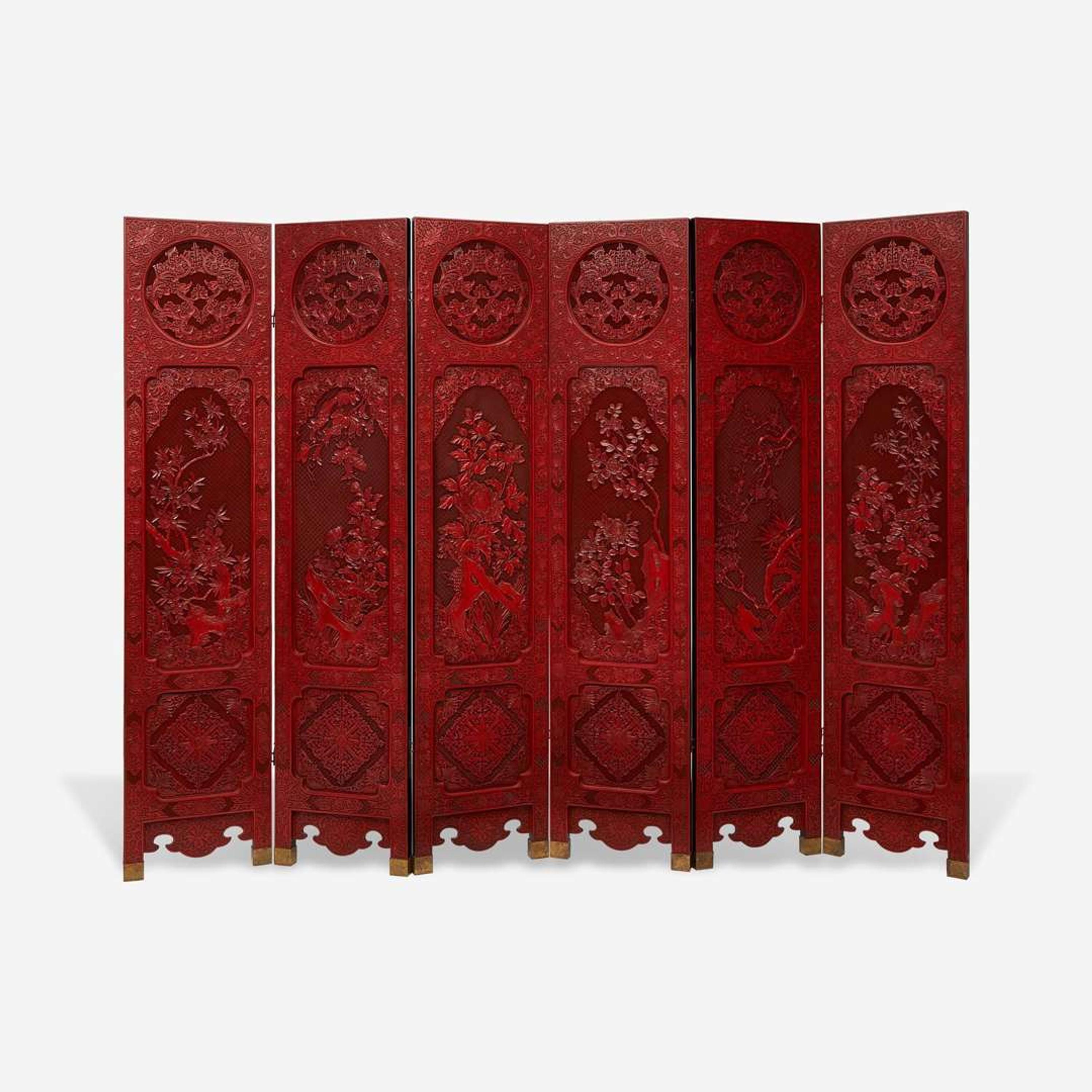 A finely-carved Chinese six-panel cinnabar lacquer wood screen 中国朱红漆六开屏风 20th century ????