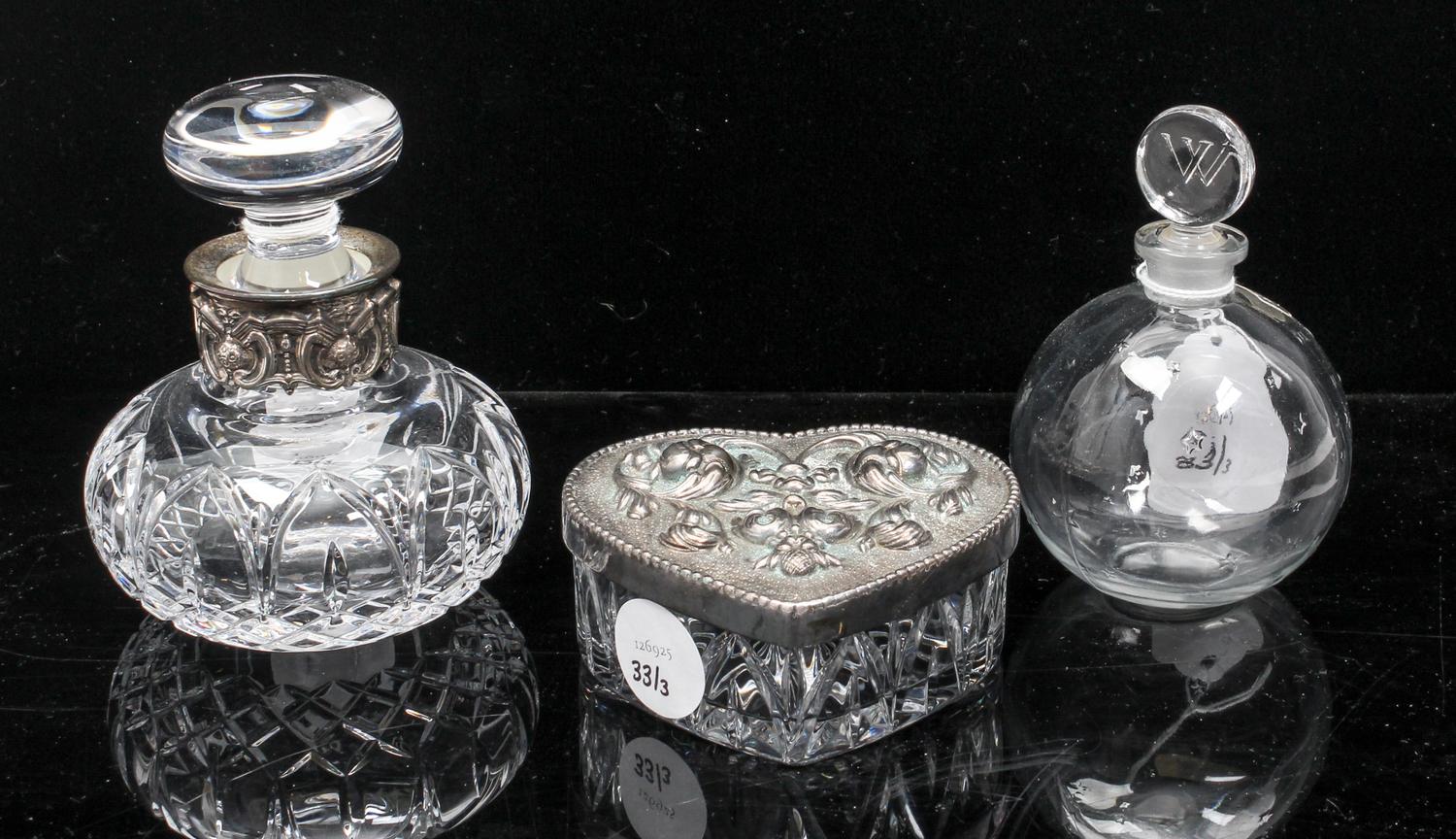 A Collection of Silver-Mounted Cut Glass Articles Height of tallest 4 1/2 inches.