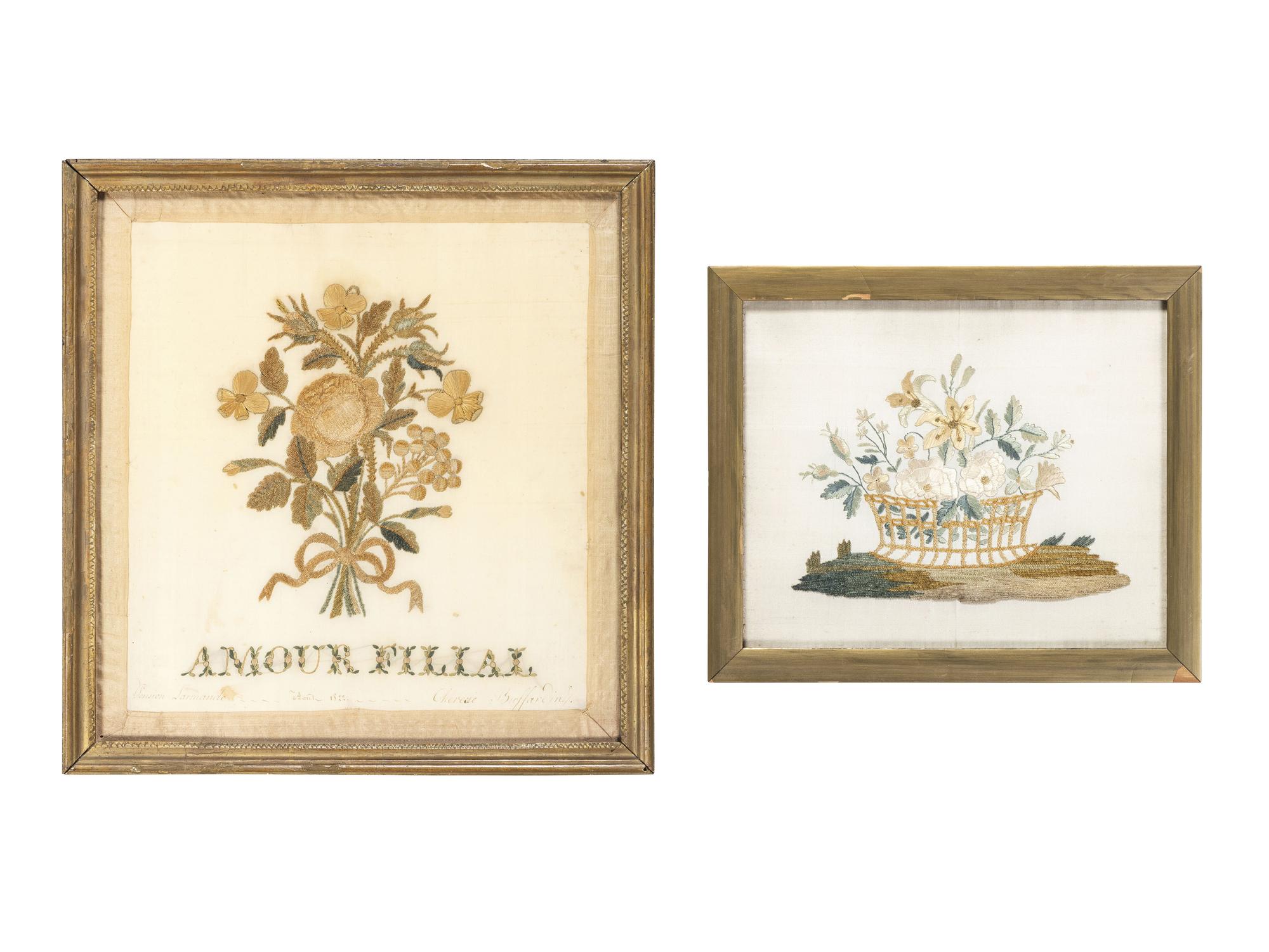 Two Needlework Embroidered Floral Pictures
