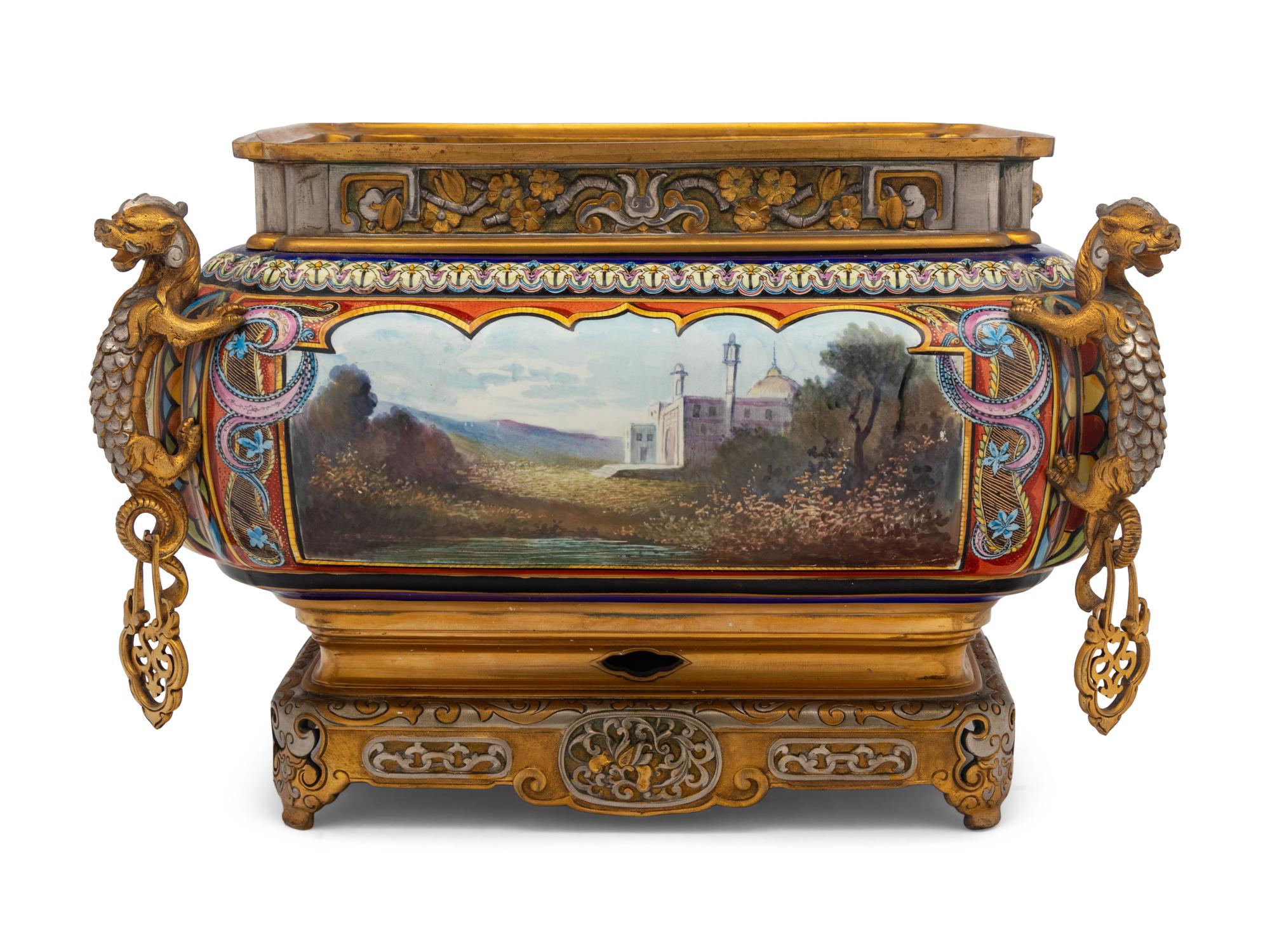 A French Silvered and Gilt Bronze Mounted Porcelain Jardinière