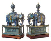 A Pair of Cloisonne Enamel Caprisoned Elephants Height 31 x width 22 x depth 10 inches. — 19TH/20TH CENTURY