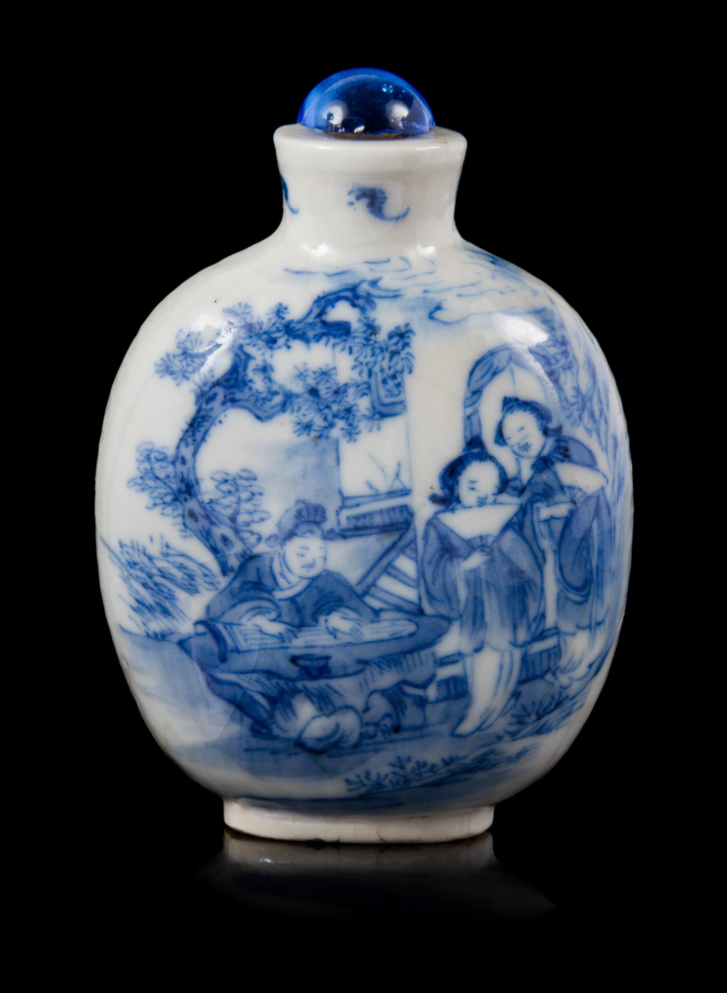 A Blue and White Porcelain Snuff Bottle Height 2 3/4 inches. — DAOGUANG PERIOD (1821-1850)