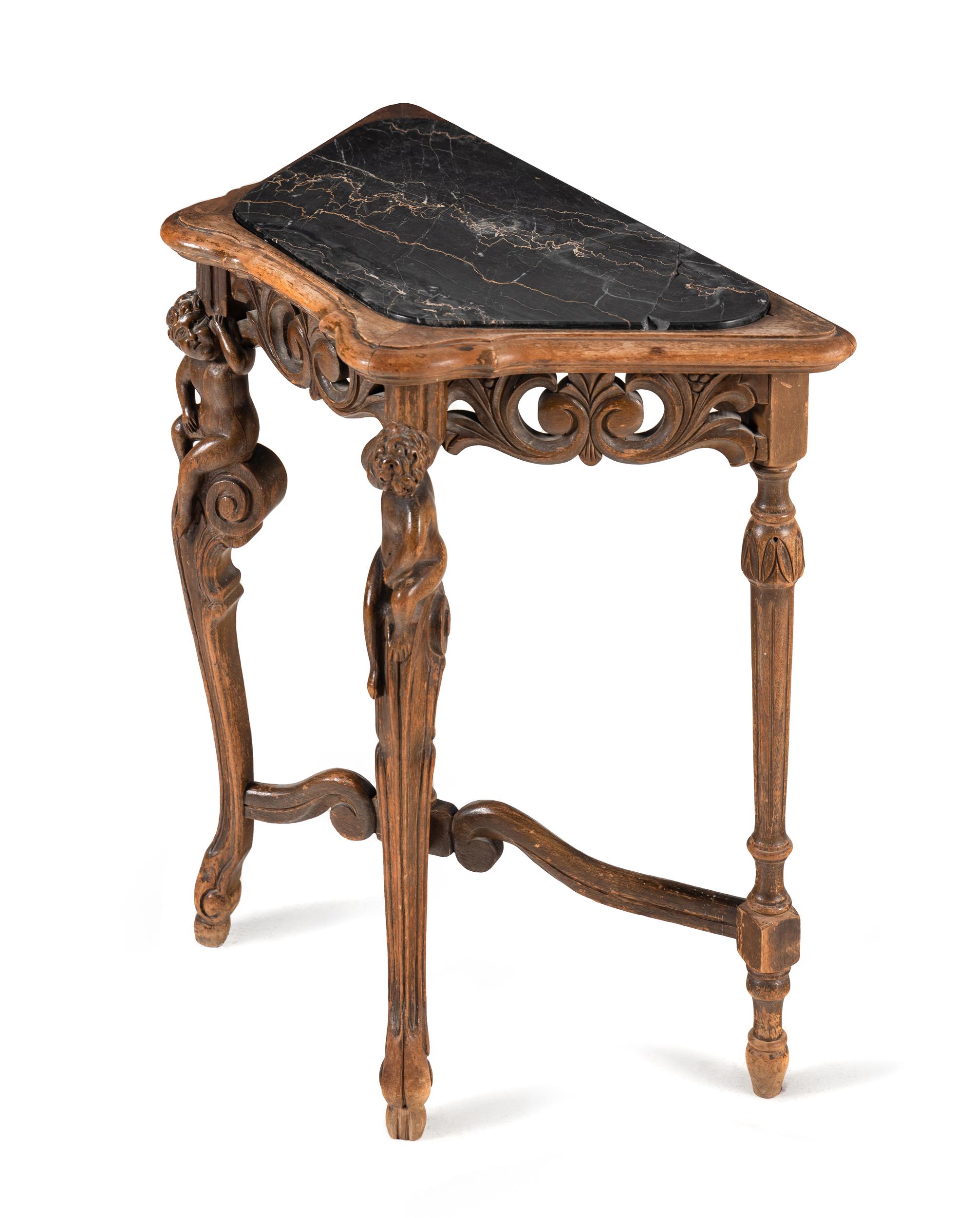 A Continental Carved Oak Marble-Top Console Table
