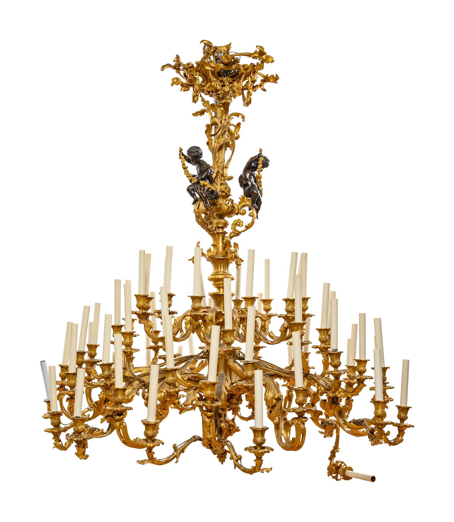 A Massive Louis XV Style Gilt Bronze Figural Sixty-Light Chandelier