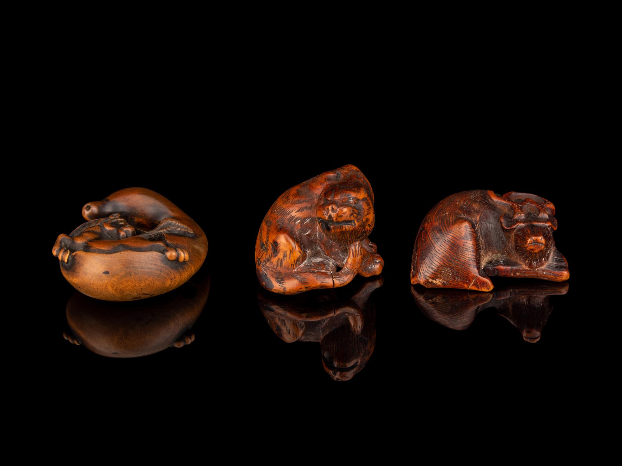 Three Japanese Carved Boxwood Netsuke