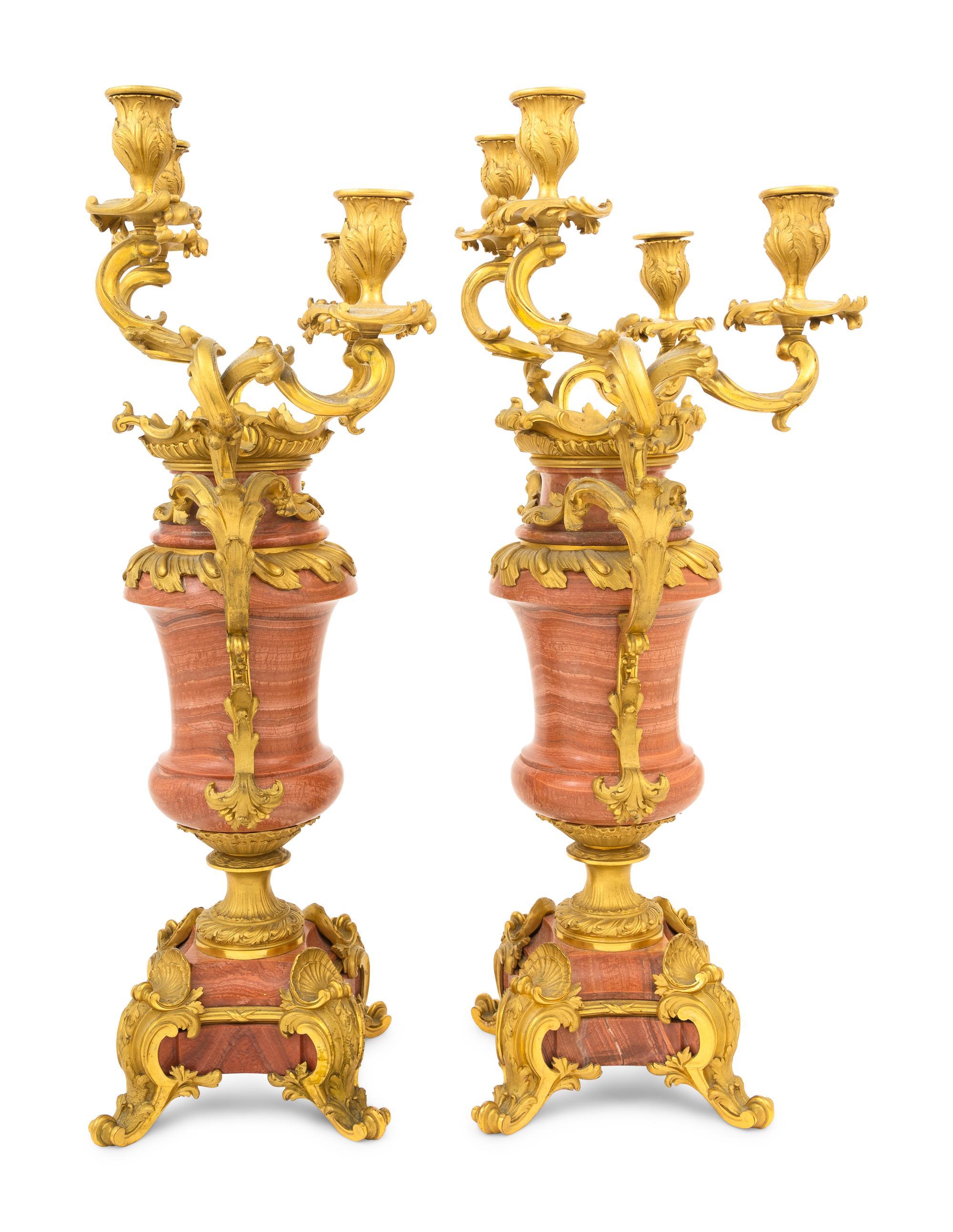 A Pair of French Gilt Bronze Mounted Marble Four-Light Candelabra