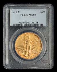 A United States 1910-S St. Gaudens $20 Gold Coin