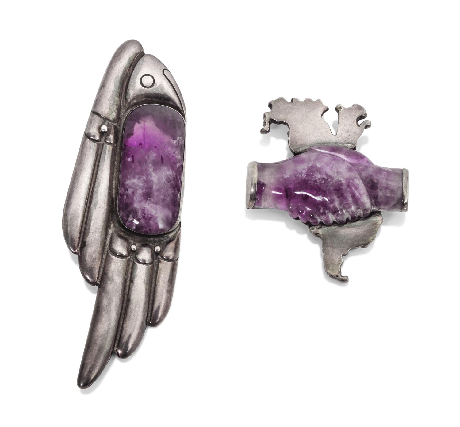 Two Mexican Silver and Amethyst Brooches, William Spratling (1900-1967) Length of first 4 1/2 inches.