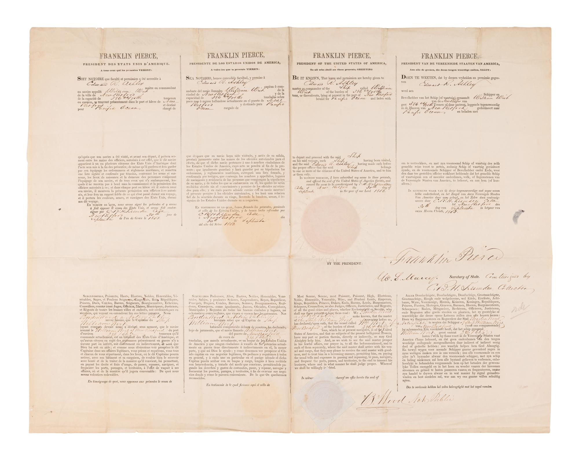 PIERCE, Franklin (1804-1869). Partly printed document signed ("Franklin Pierce") as President, countersigned by Secretary of State William L. Marcy. 30 September 1853.