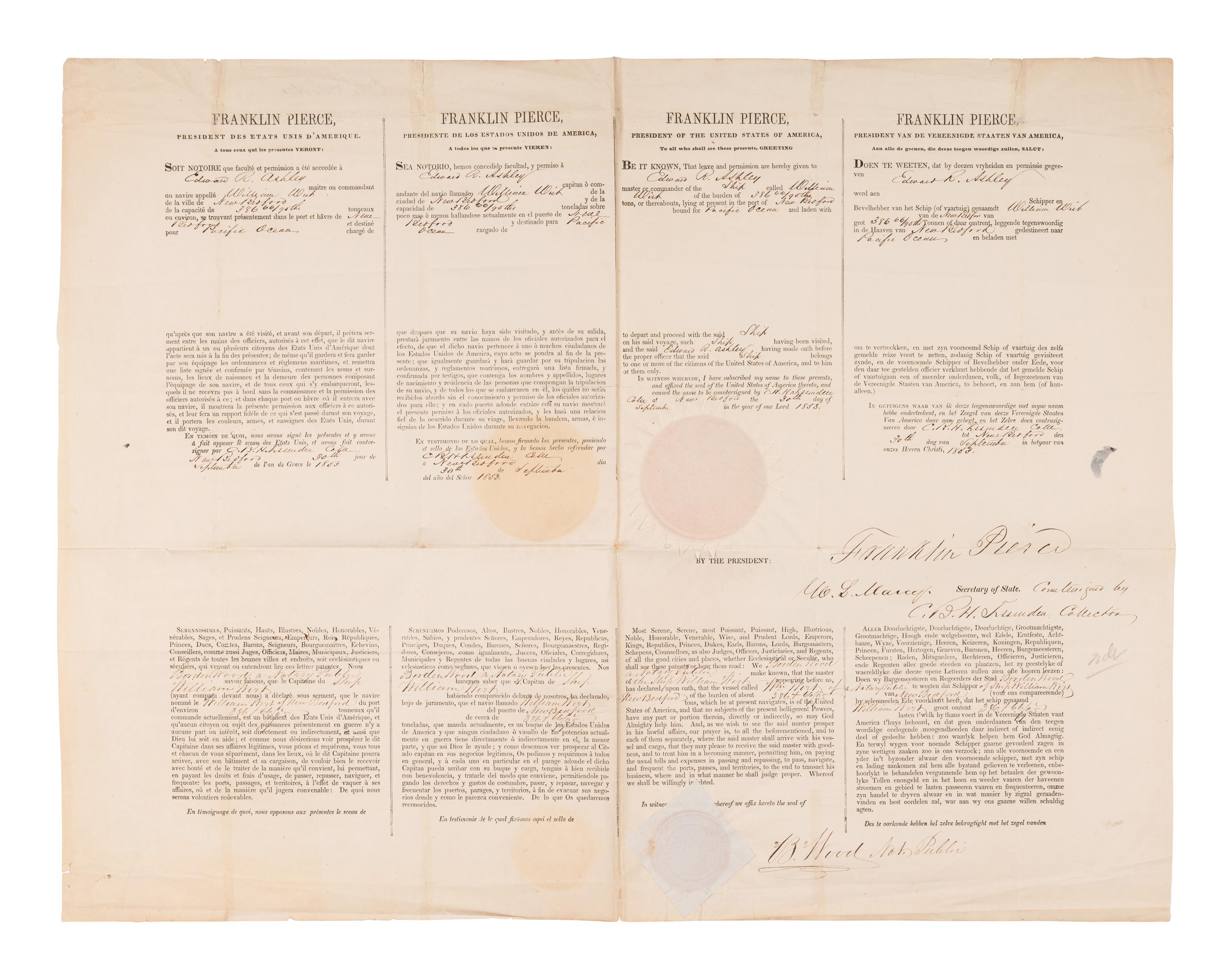 PIERCE, Franklin (1804-1869). Partly printed document signed ("Franklin Pierce") as President, countersigned by Secretary of State William L. Marcy. 30 September 1853.