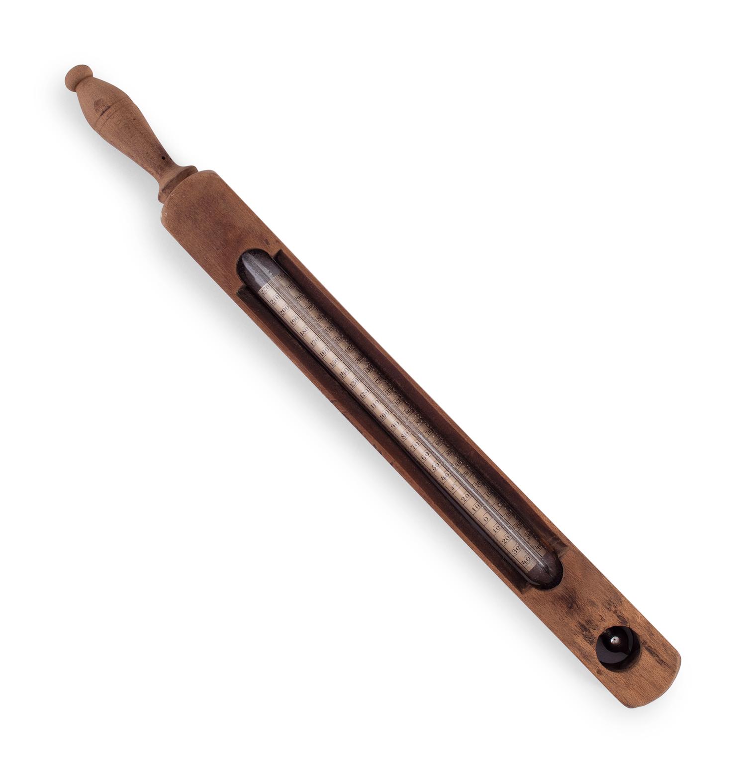 A Copper Tycos Candy Thermometer and a Wood Encased Floating Bath or Dairy Thermometer