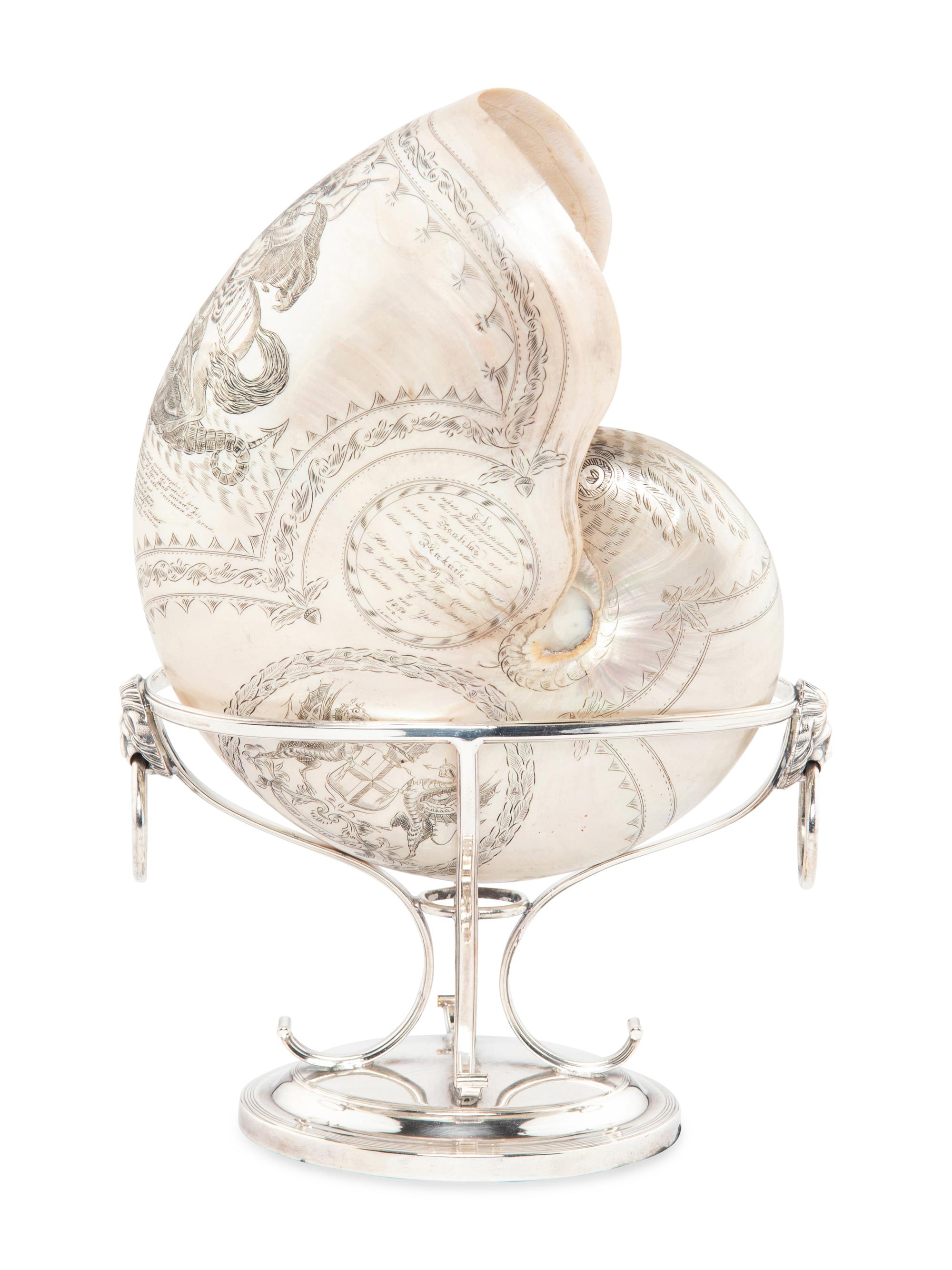 A Finely Decorated English Scrimshaw Nautilus Shell
