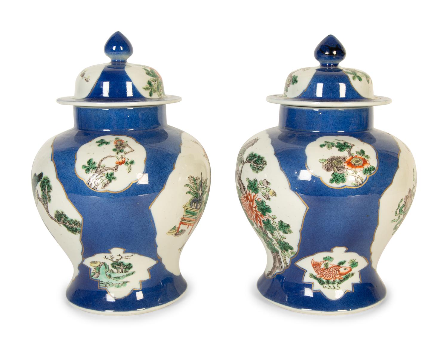 A Pair of Chinese Export Famille Verte Porcelain Covered Ginger Jars — 20th Century