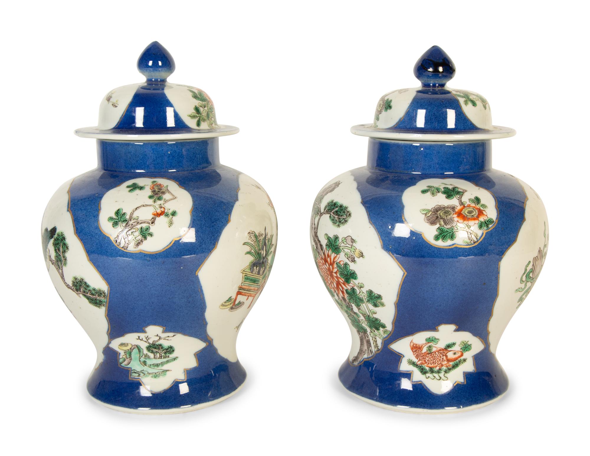 A Pair of Chinese Export Famille Verte Porcelain Covered Ginger Jars — 20th Century