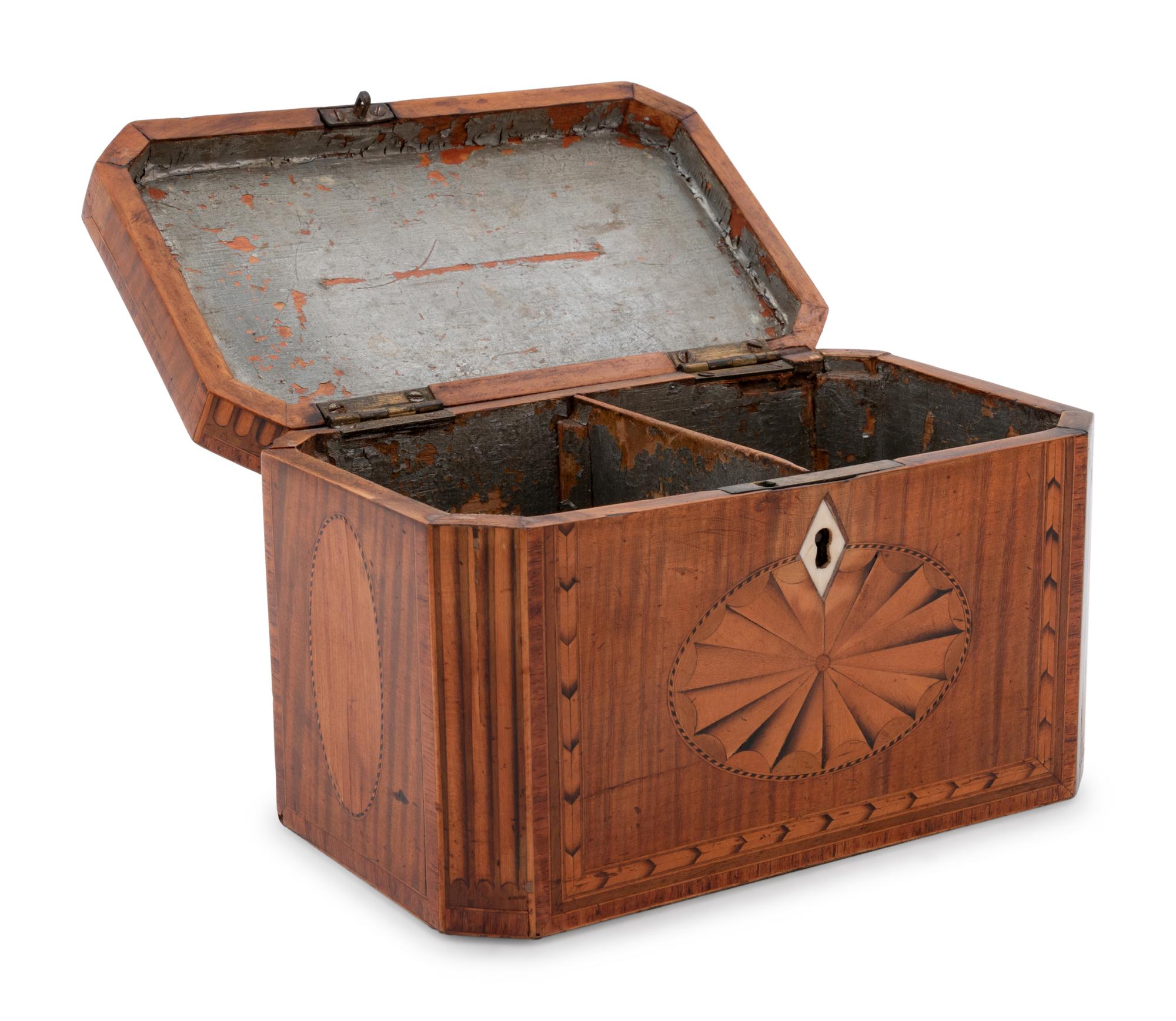 Three George III Mahogany or Burl Walnut and Satinwood Marquetry Tea Caddies