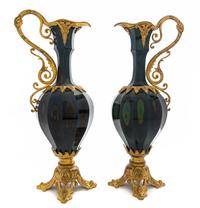 A Pair of Gilt Bronze Mounted Lithyalin Glass Ewers Height 17 inches.