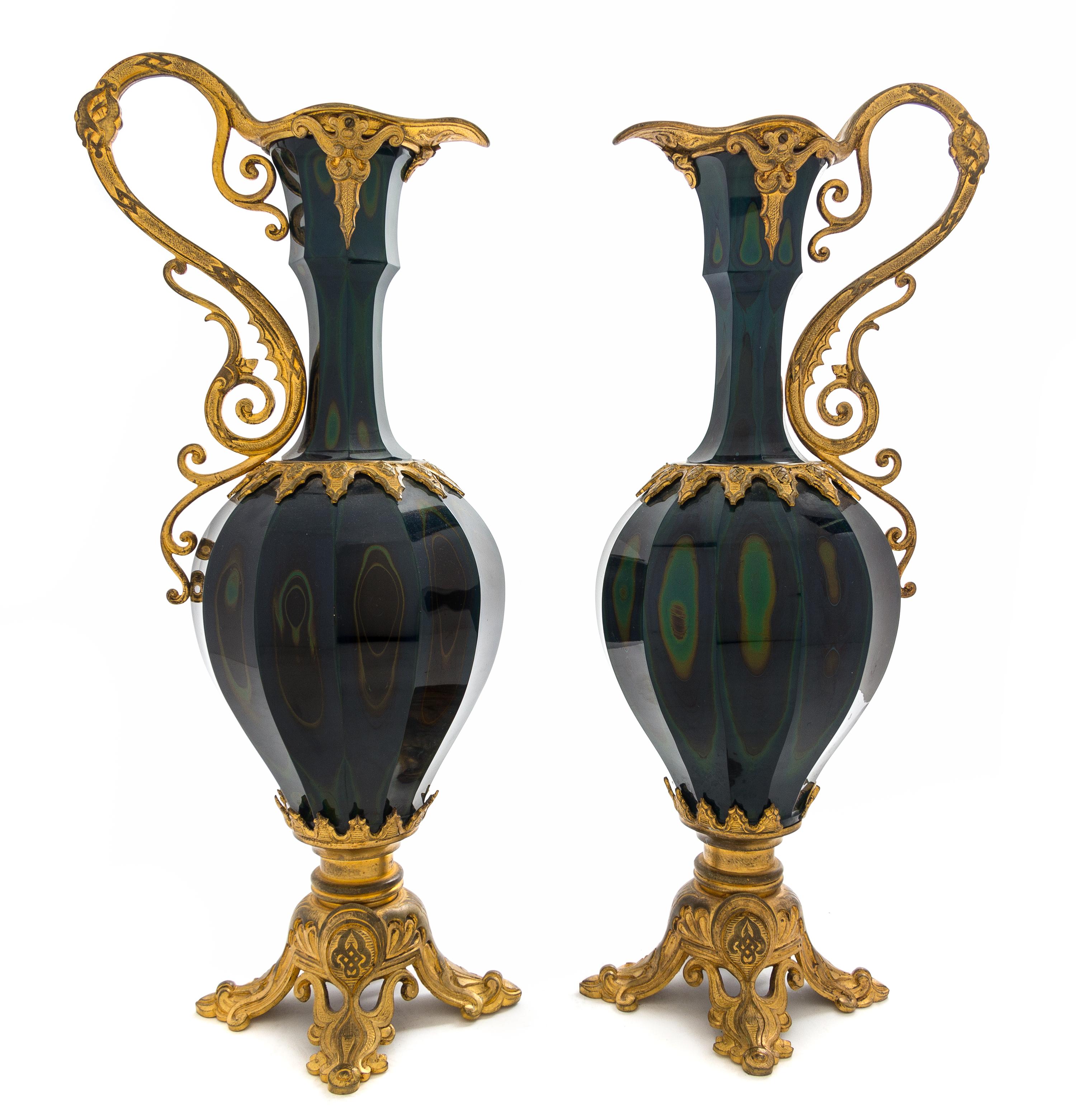 A Pair of Gilt Bronze Mounted Lithyalin Glass Ewers Height 17 inches.