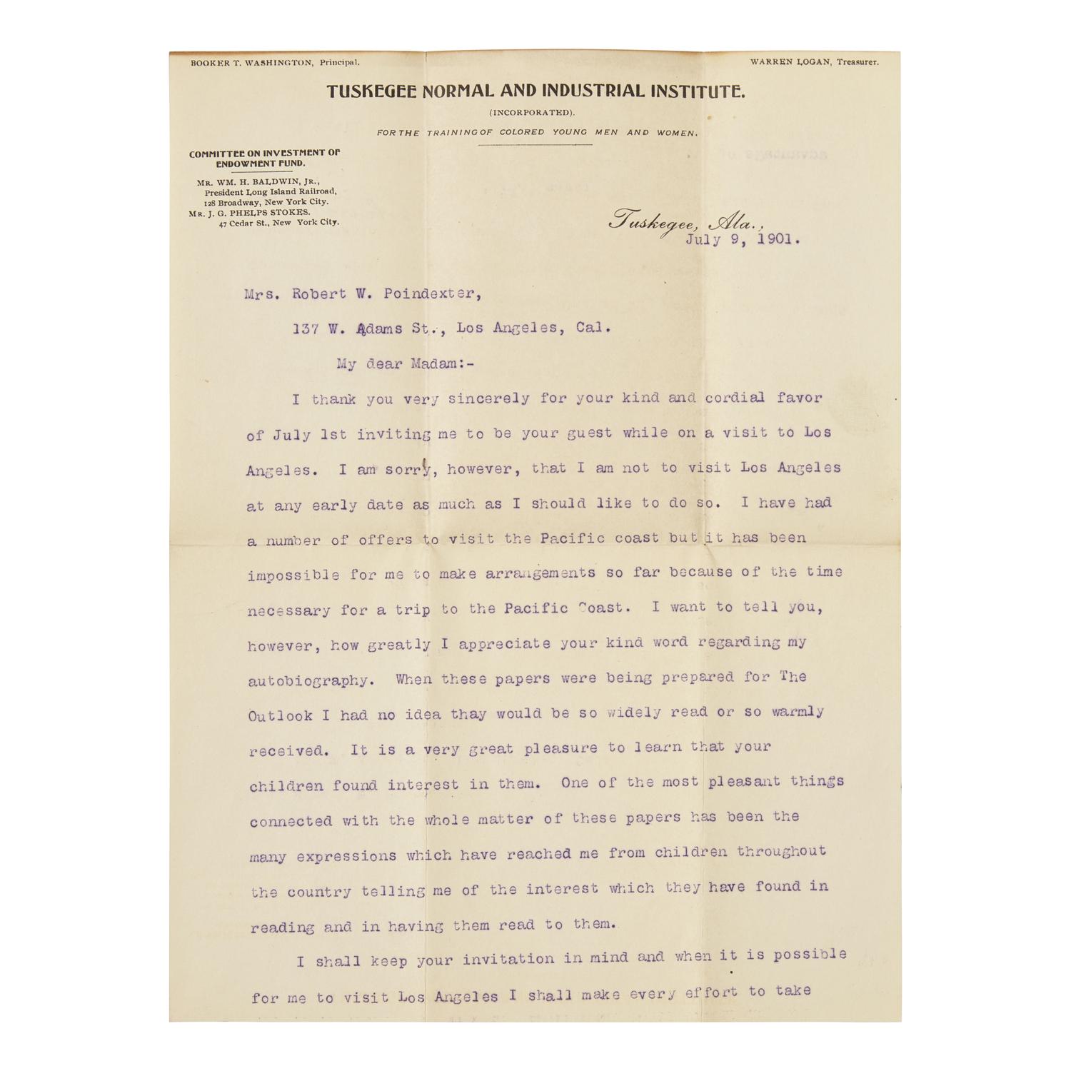 [African Americana] Washington, Booker T. Typed Letter, signed