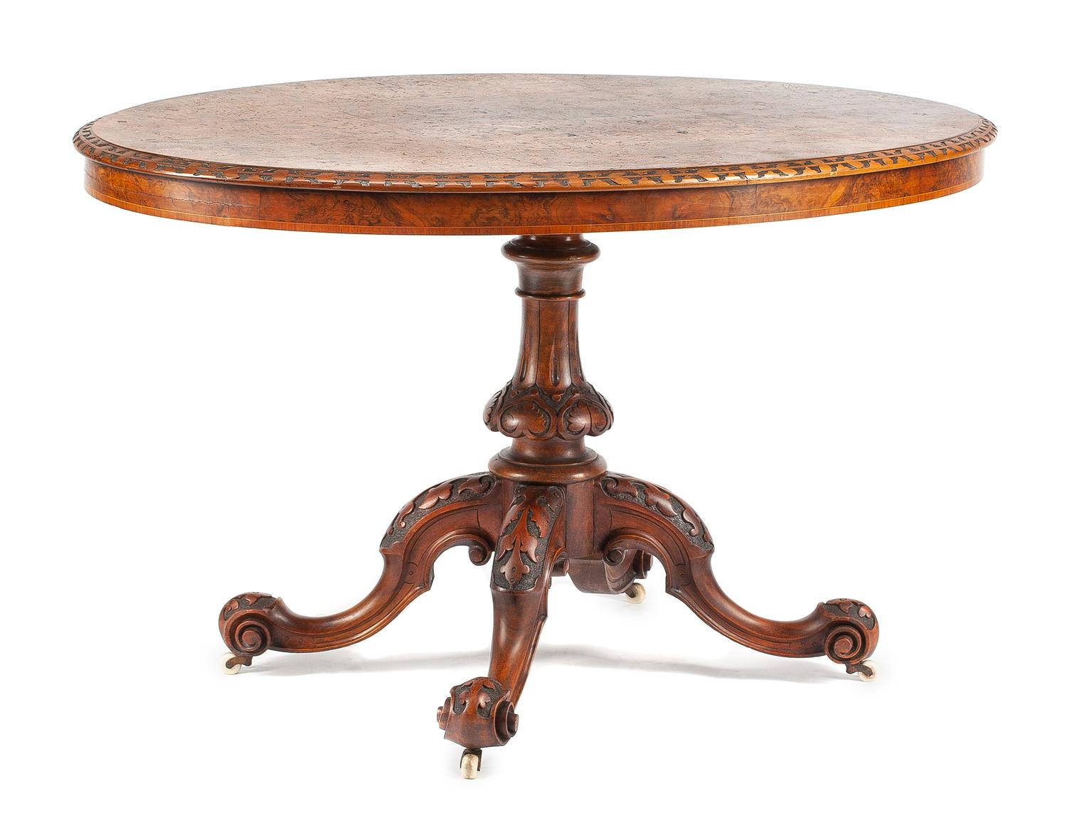 A William IV Burlwood Breakfast Table Height 28 x width 49 x depth 33 1/2 inches. — 19TH CENTURY