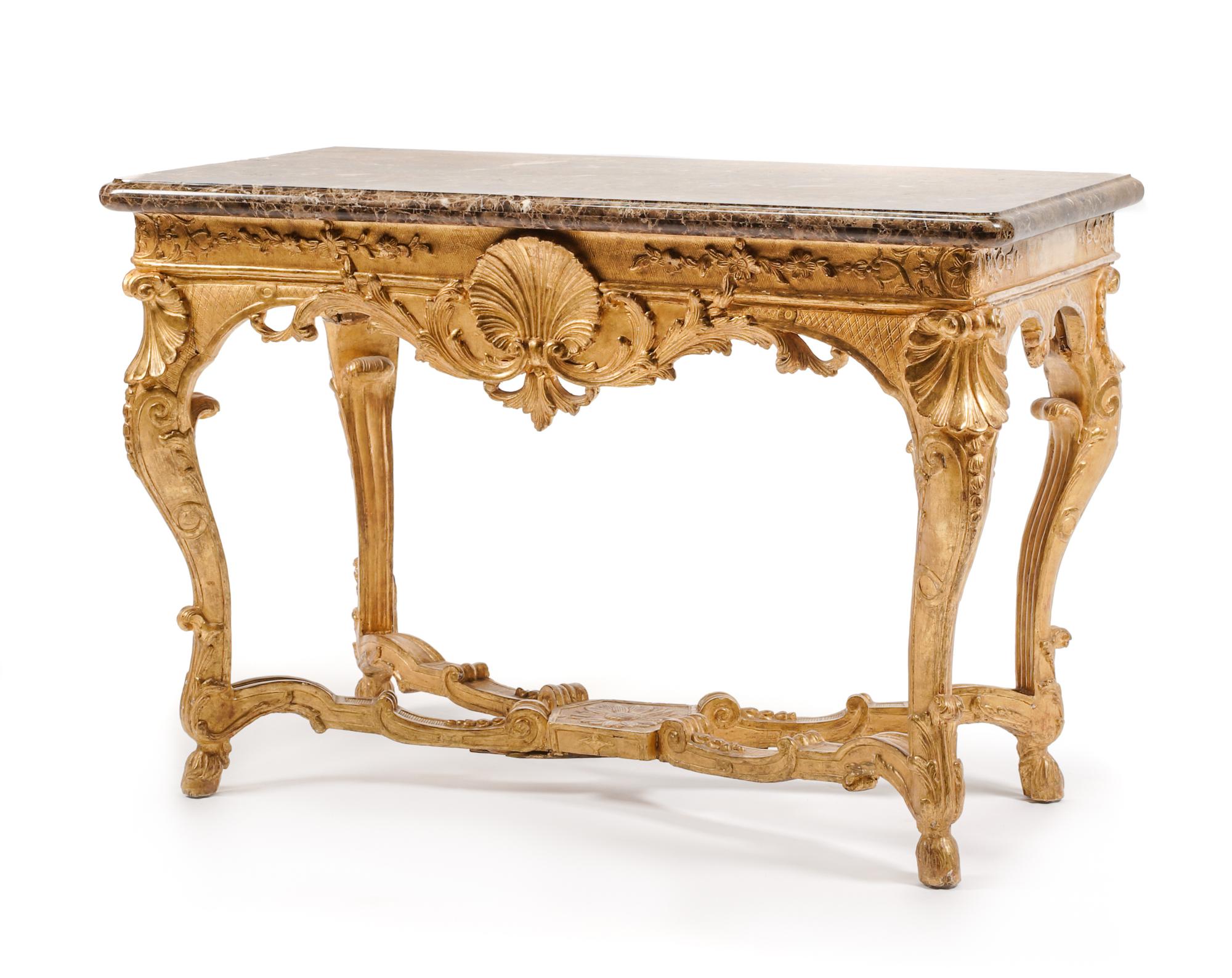 A Regence Carved Giltwood Console Table Height 31 1/2 x width 46 x depth 25 1/2 inches. — EARLY 18TH CENTURY