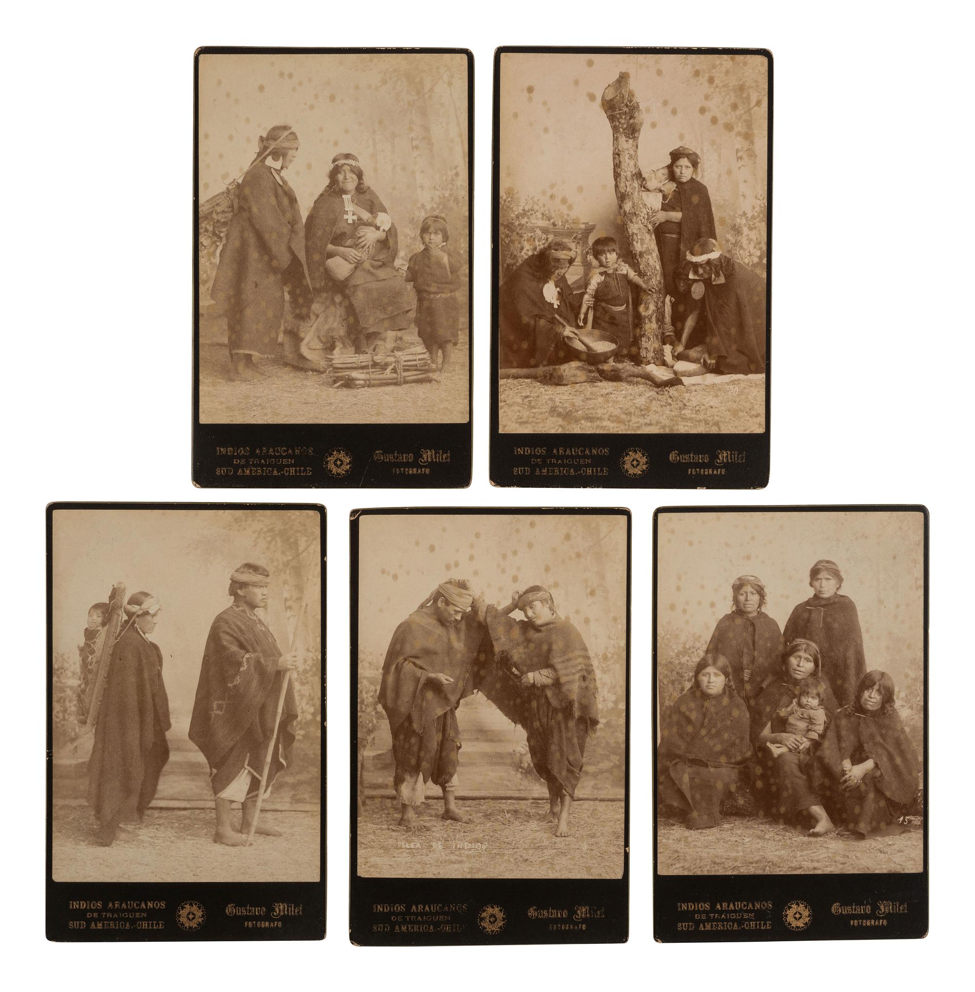 [SOUTH AMERICA]. MILET, Gustavo. 5 cabinet cards of Mapuche subjects. Traiguen, Chile, ca 1890.