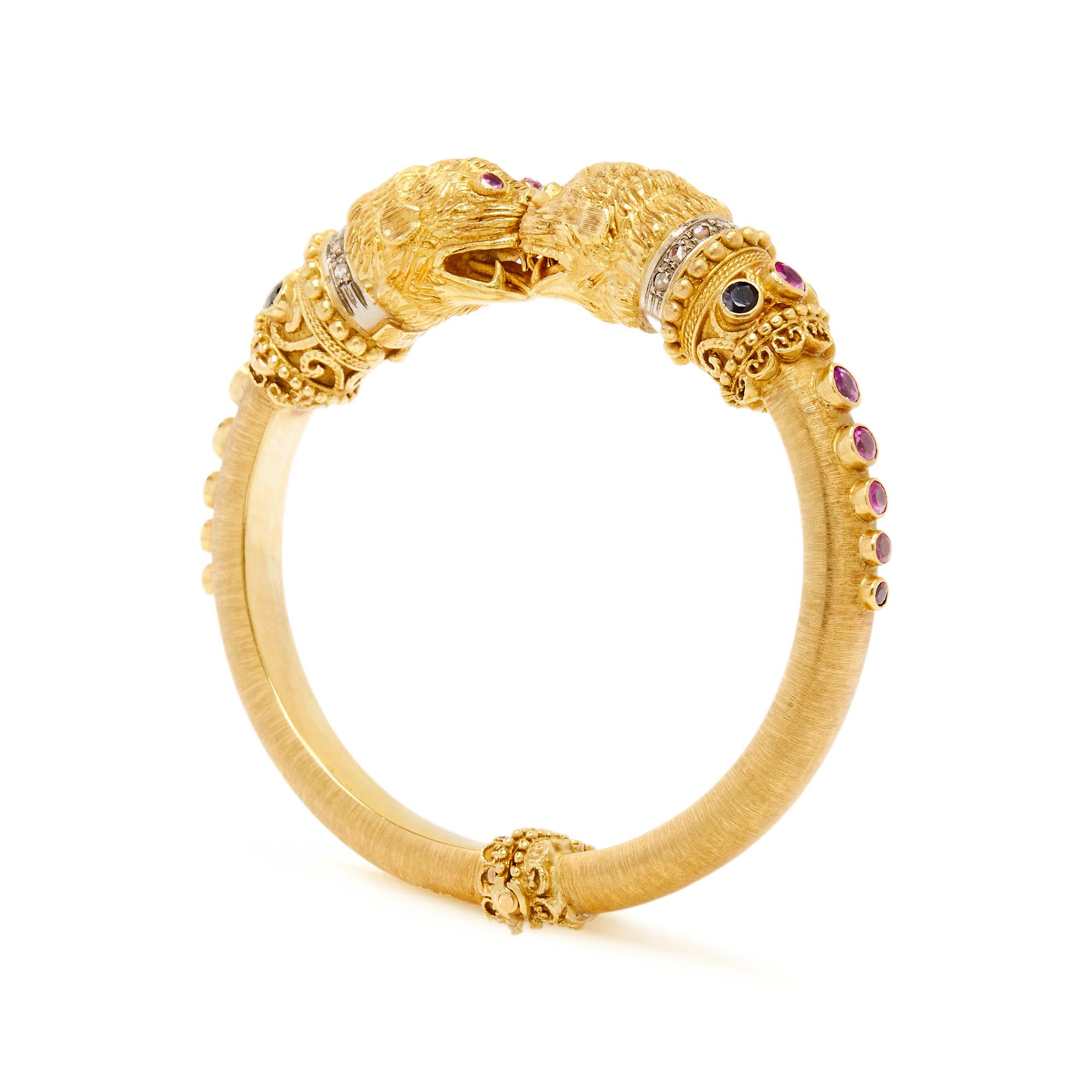 LALAOUNIS, YELLOW GOLD, MULTICOLOR SAPPHIRE AND DIAMOND BANGLE BRACELET