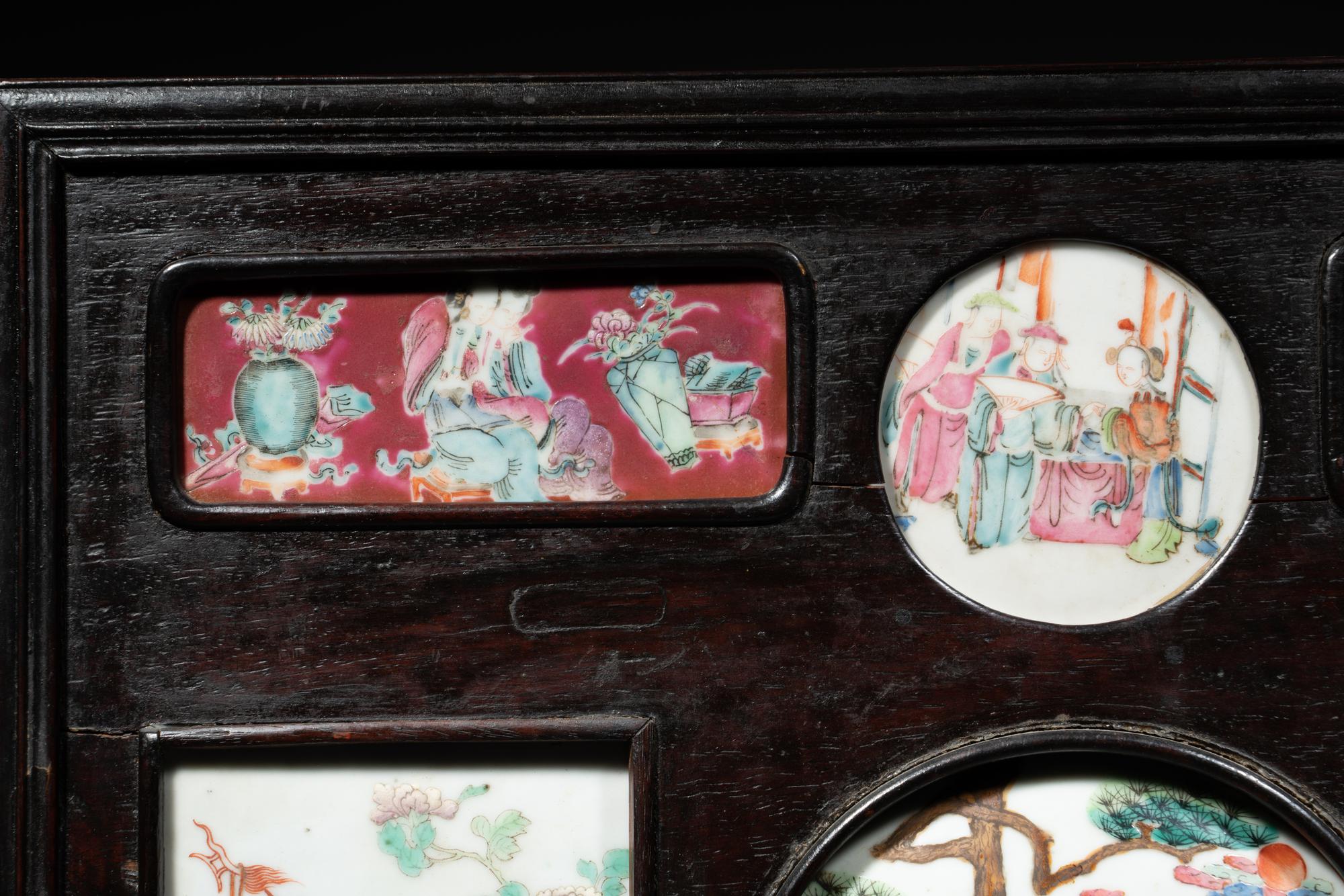 A Chinese Famille Rose Porcelain Inset Hardwood Table Screen