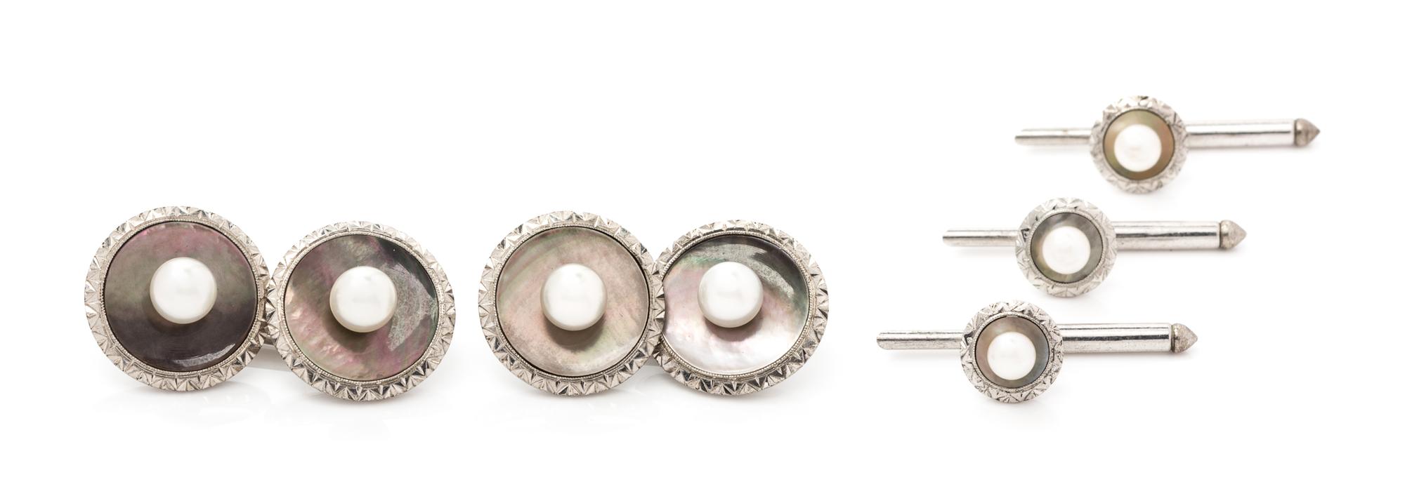 A Silver, Cultured Pearl and Mother-of-Pearl Dress Set, Mikimoto, 6.80 dwts.