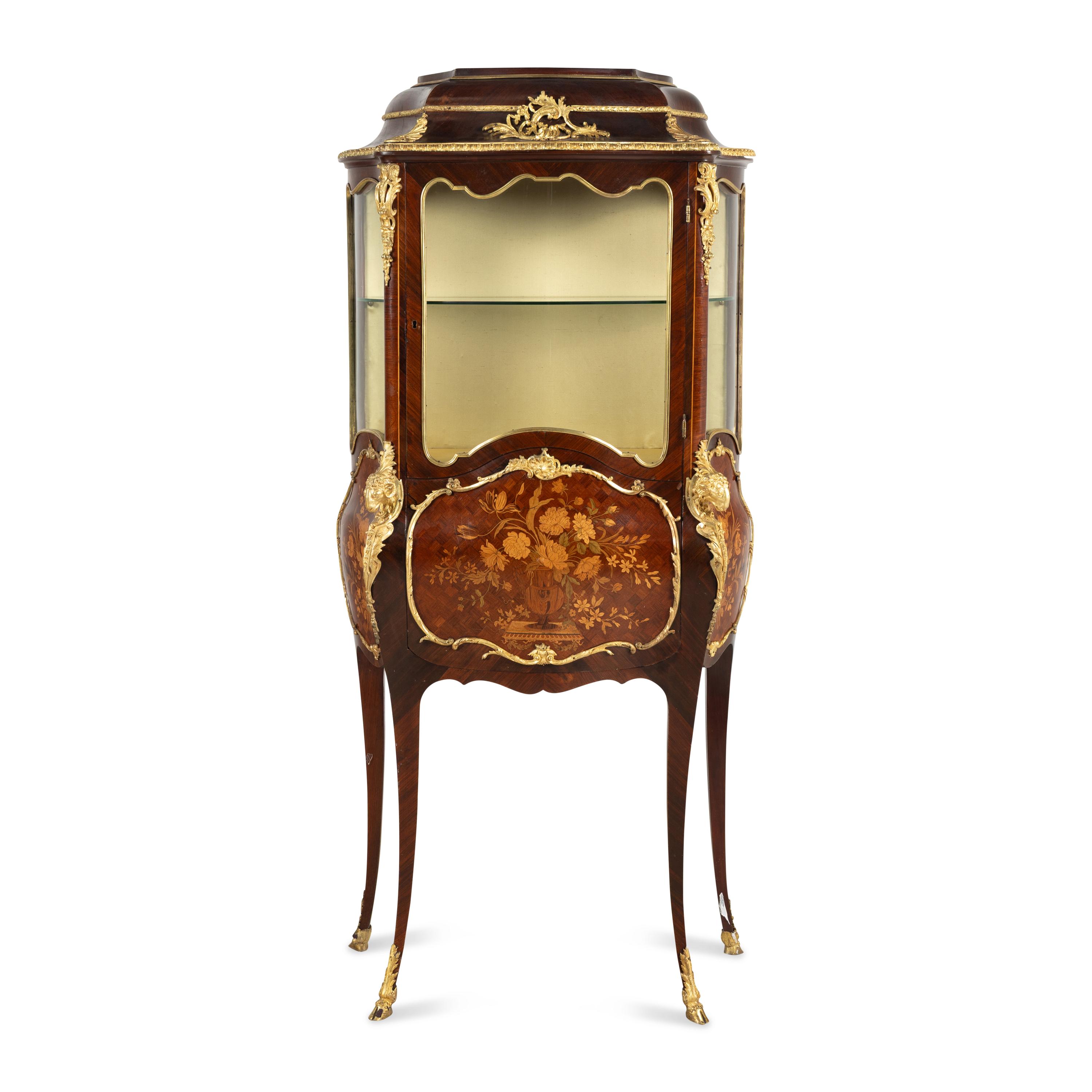 A Louis XV Style Gilt Bronze Mounted Marquetry Bombé Vitrine
