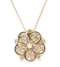 A 14 Karat Yellow Gold, Diamond, Cultured Pearl and Enamel Pendant/Brooch, 11.60 dwts.