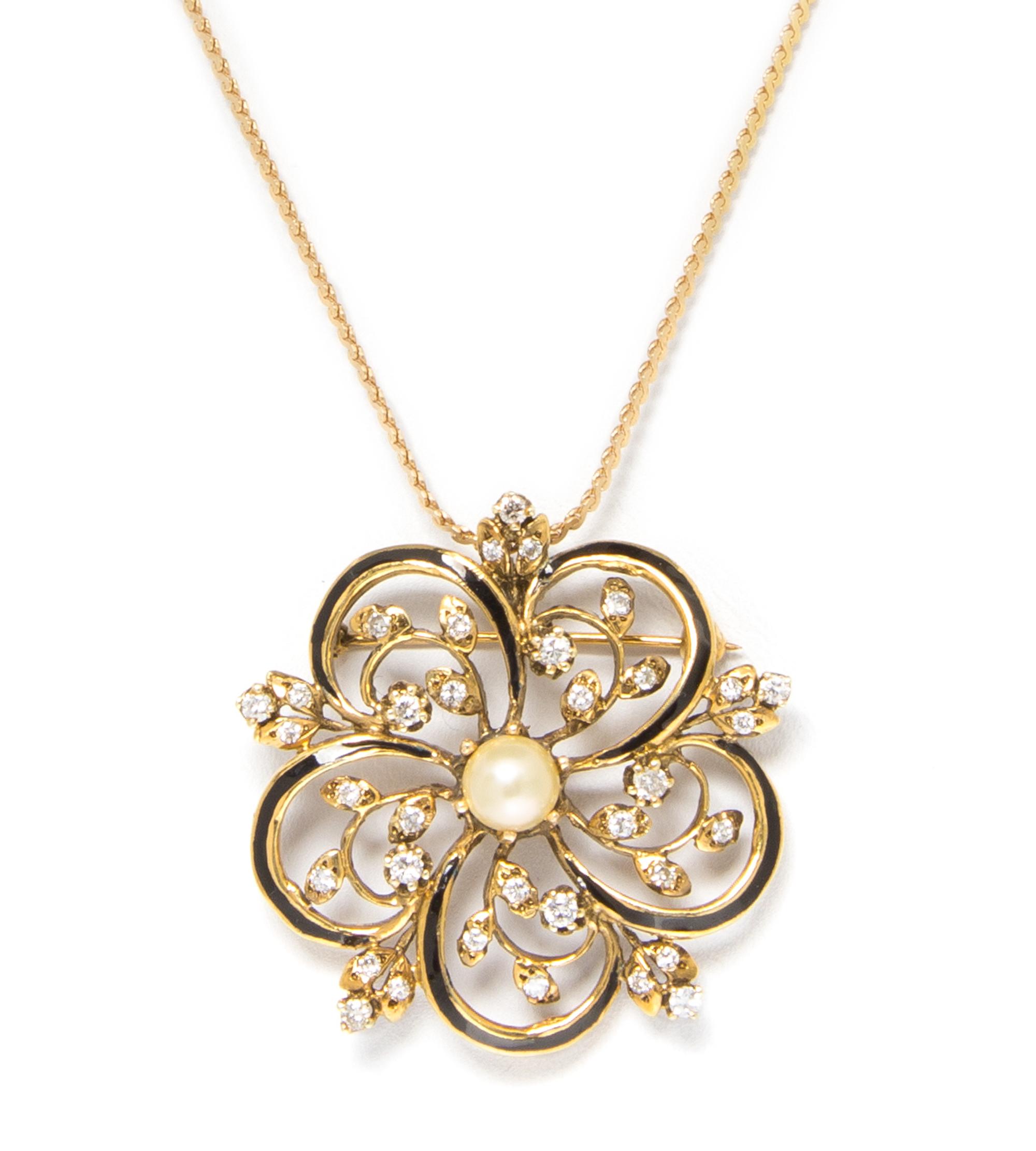 A 14 Karat Yellow Gold, Diamond, Cultured Pearl and Enamel Pendant/Brooch, 11.60 dwts.