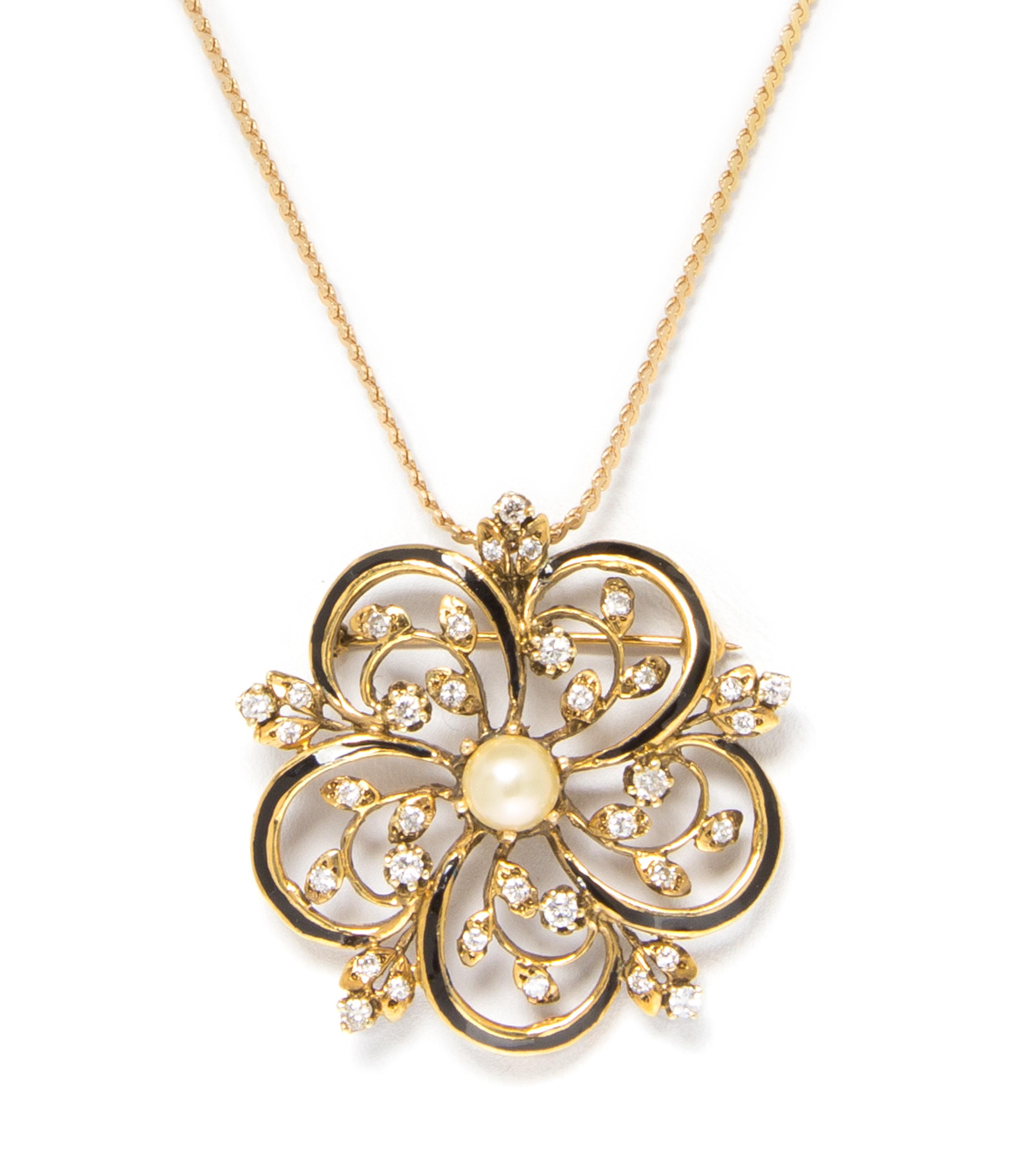 A 14 Karat Yellow Gold, Diamond, Cultured Pearl and Enamel Pendant/Brooch, 11.60 dwts.