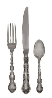 An American Silver Flatware Service, Gorham Mfg. Co., Providence, RI, Strasbourg pattern, comprising: 8 dinner knives 8 dinner forks 16