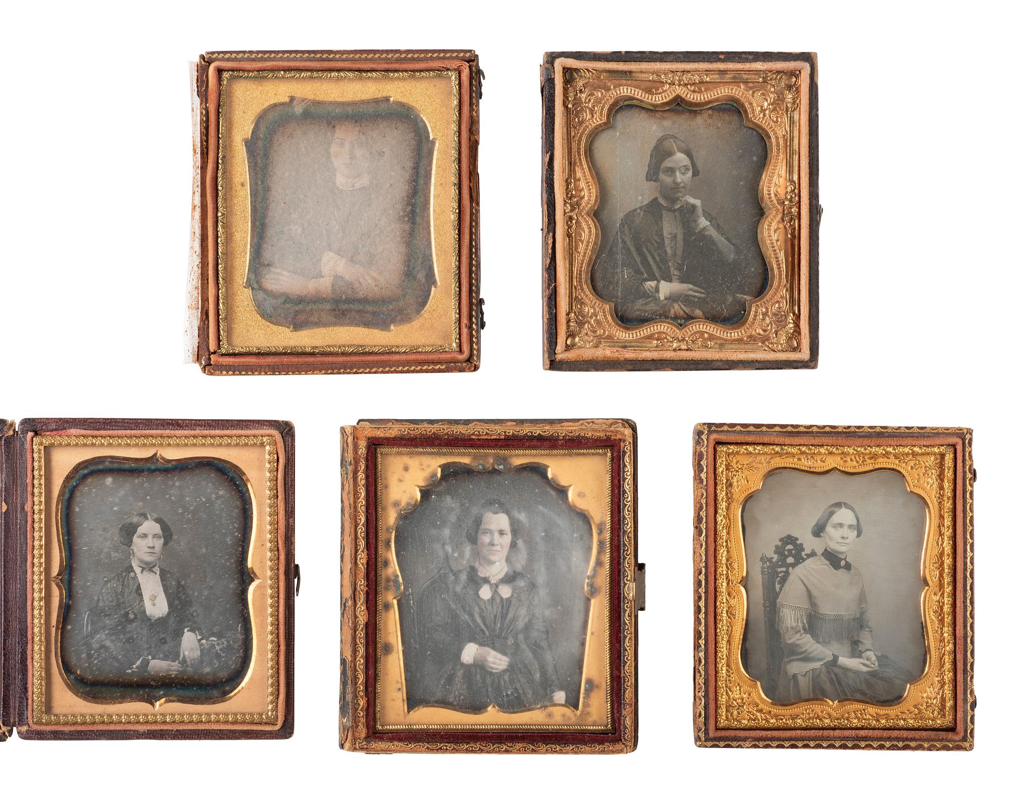 35 sixth plate daguerreotypes featuring women of varying ages.